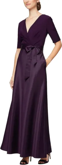 Women's Satin Ballgown Formal Event Dress with Pockets and Tie Belt (Petite and Regular Sizes) 12 Eggplant