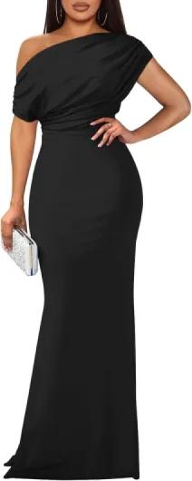 Women's Elegant Sleeveless Off Shoulder Bodycon Long Formal Party Evening Dress Black X-Large