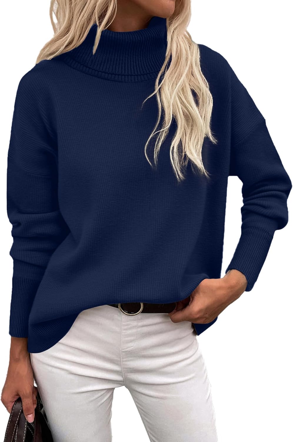 Women's Turtleneck Sweater 2025 Fall Winter Chunky Knitted Pullover High Low Hem Trendy Basic Jumper Top Navy Blue Medium