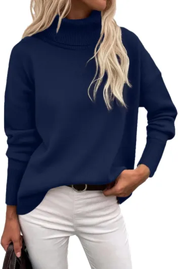 Women's Turtleneck Sweater 2025 Fall Winter Chunky Knitted Pullover High Low Hem Trendy Basic Jumper Top Navy Blue Medium
