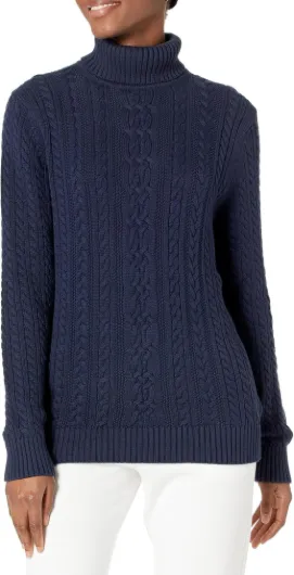 Women's Fisherman Cable Turtleneck Sweater (Available in Plus Size) Medium Navy
