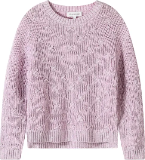 Girls Sweaters Crewneck Long Sleeve Pullover Jumper Cotton Fall Chunky Fancy Cable Knit Sweater with Side Slit 5-6 Years Light Purple