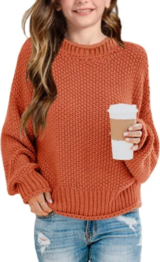 Girls Crew Neck Sweaters 2025 Fall Winter Teen Tops Cozy Knit Trendy Kids Long Sleeve Cute Shirts Casual Outfits Orange 11-12 Years