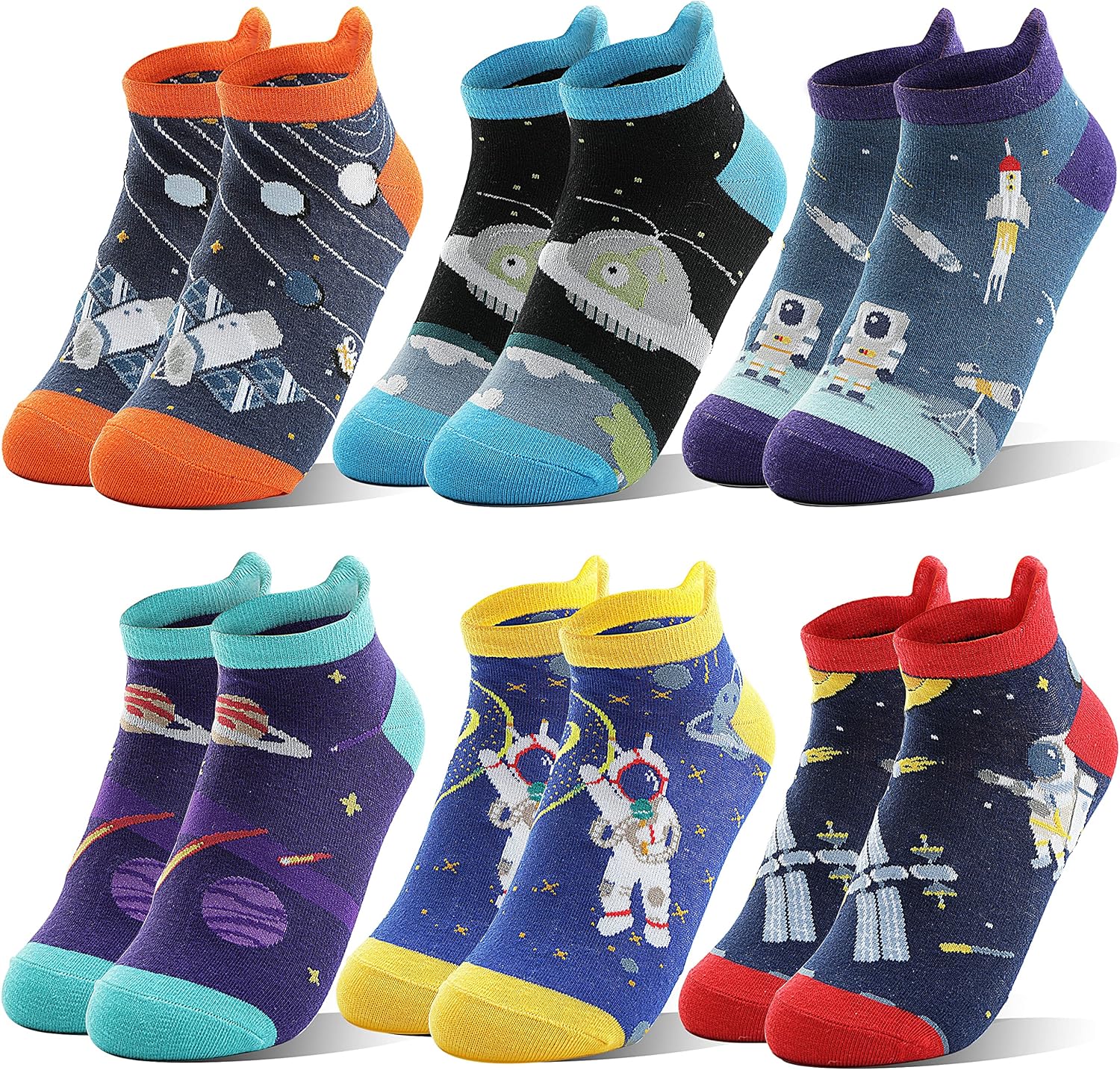 Kids Boys Ankle Socks No Show Low Cut Funny Cute Cartoon Novelty Cotton Socks 6 Pairs 5-8 Years Space