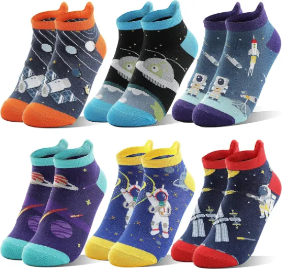Kids Boys Ankle Socks No Show Low Cut Funny Cute Cartoon Novelty Cotton Socks 6 Pairs 5-8 Years Space