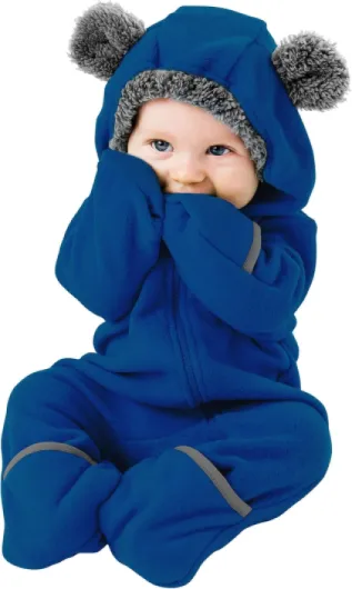 Fleece Baby Bunting Bodysuit with Hood, Convertible Mittens & Booties, Car Seat Friendly, Soft & Warm, Easy Zip 0-3 Months Bear - Navy