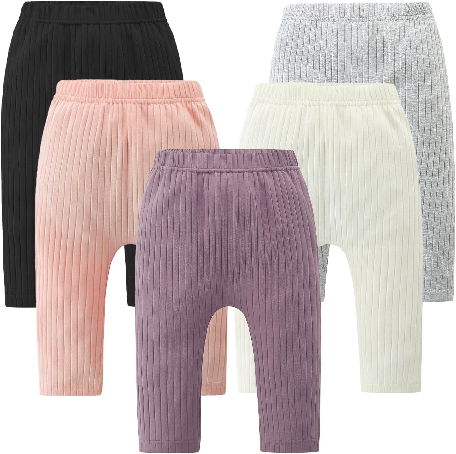Baby and Toddler Girl's 5 Pack Cotton Ribbed Pull On Pants Leggings 0-4 Years 0-6 Months Black/White/Grey Marl/Pink/Purple