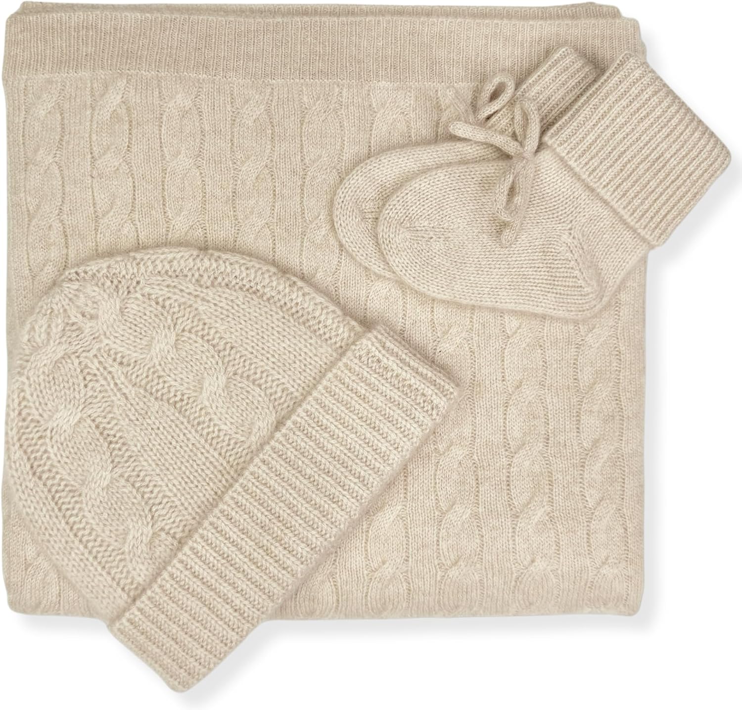 Jet&Bo BABY 100% Cashmere Baby Blanket, Beanie and Booties Gift Set Cable Knit Design in Brown Sugar – Unisex, Size 0-6 Months - Gift Box and Card Included