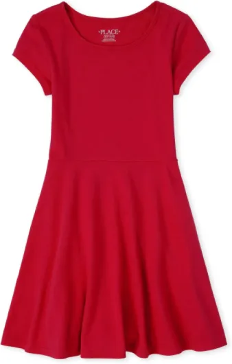 The Children's Place Girls' Short Sleeve Basic Skater Dress 2 Pack Ruby 1-pack 7-8 Years