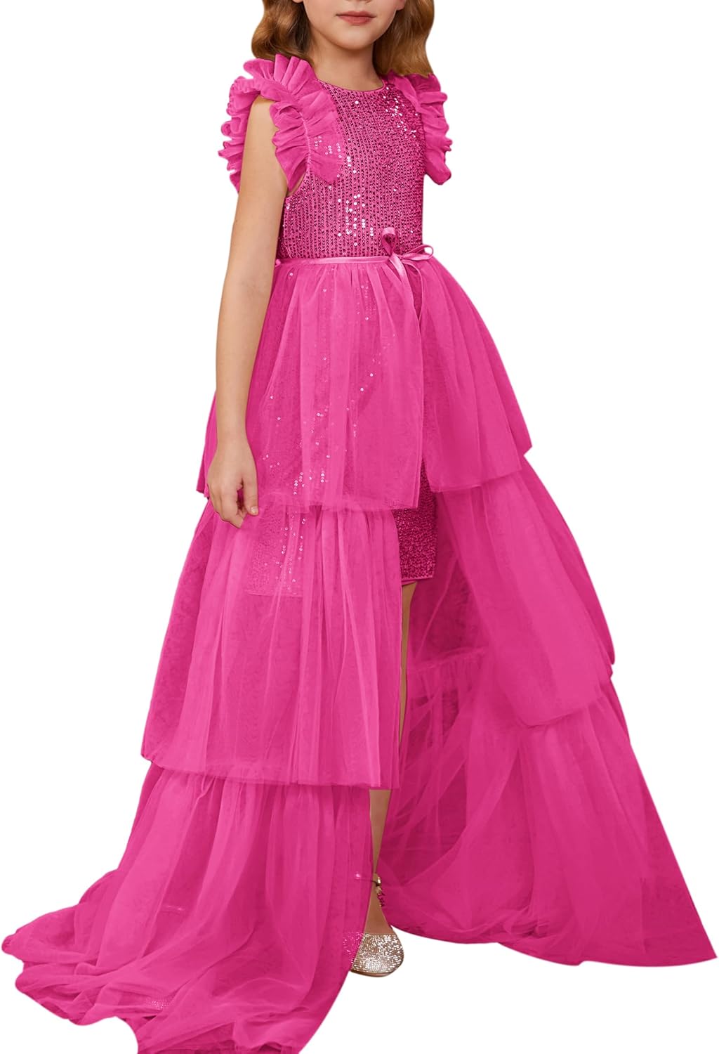 Girls Sequin Dress Formal Pageant Sparkle Party Ruffle Prom Maxi Dress Size 5-14Y 7-8 Years Rose Red