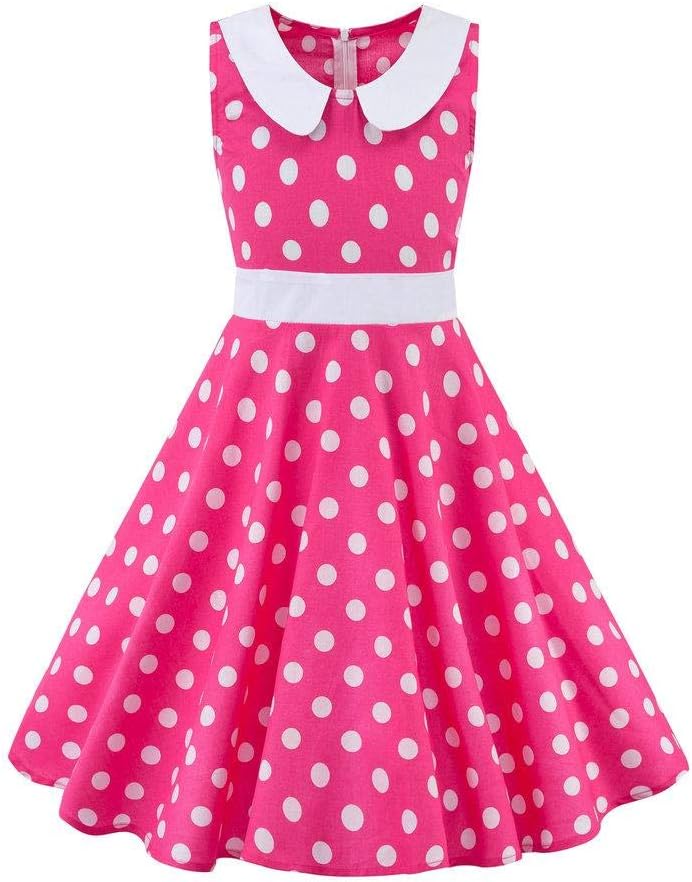 Kids Girls 50s Audrey Vintage Polka Dot Swing Party Rockabilly Dress Retro Peter Pan Doll Collar Wedding Casual Skater Dress Hot Pink 5-6 Years