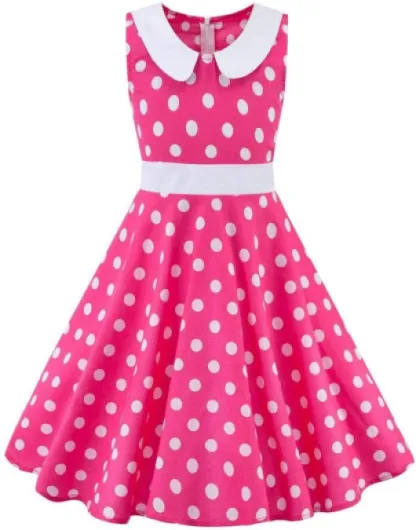 Kids Girls 50s Audrey Vintage Polka Dot Swing Party Rockabilly Dress Retro Peter Pan Doll Collar Wedding Casual Skater Dress Hot Pink 5-6 Years