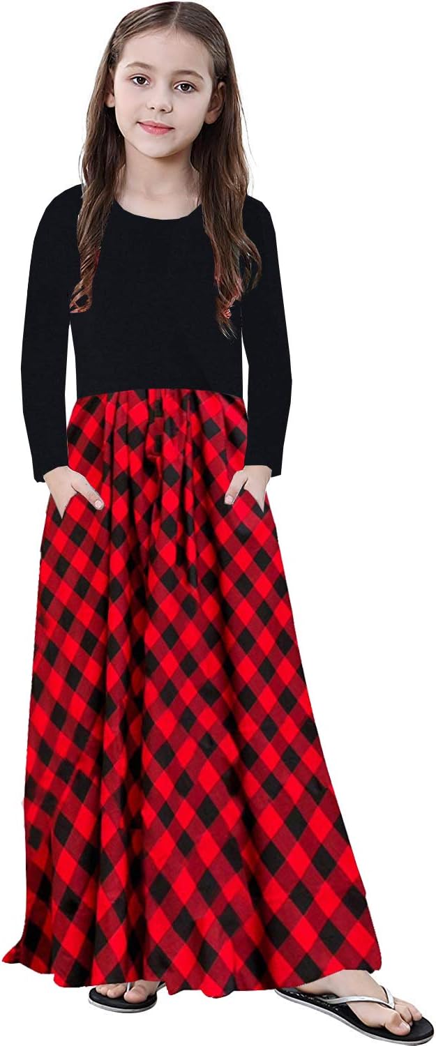 Girl Maxi Dress Kids Casual Buffalo Check Plaid Long Sleeve Dresses with Pockets(6-14yrs) 8 Years 1-2 Red