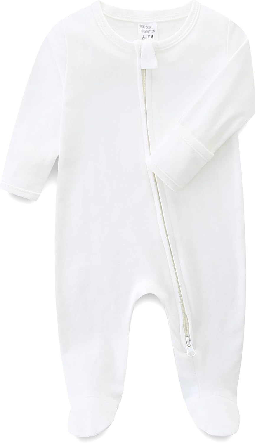 Baby Romper 100% Cotton Pajamas One Piece Long Sleeve Zipper Footie Onesie for 0~12M Baby 0-3 Months White