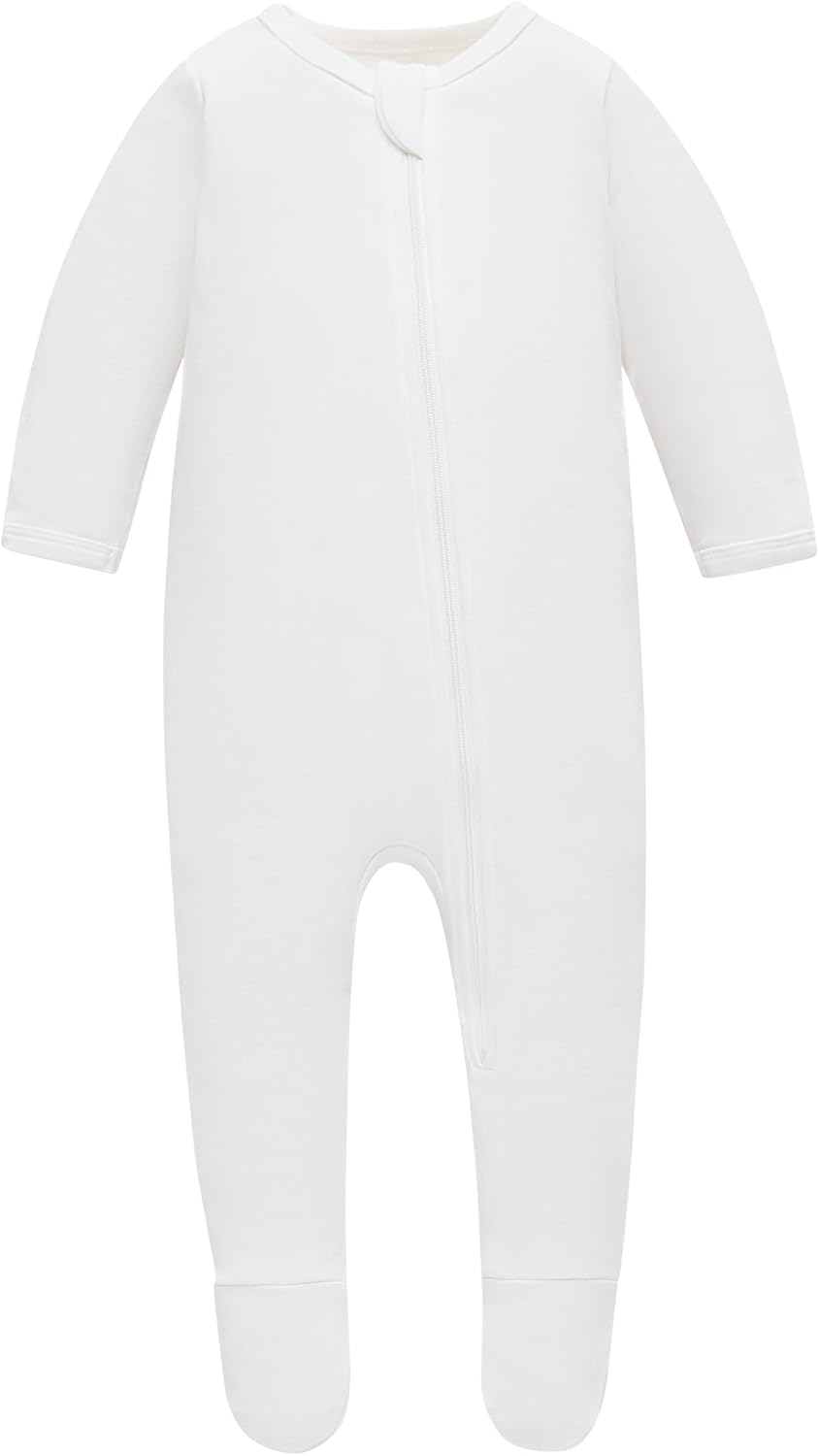 Organic Cotton Baby Pajamas, Boys Girls Zip Front Sleep 'N Play Pjs, Footed Sleeper, Long Sleeve Newborn Ivory White 1