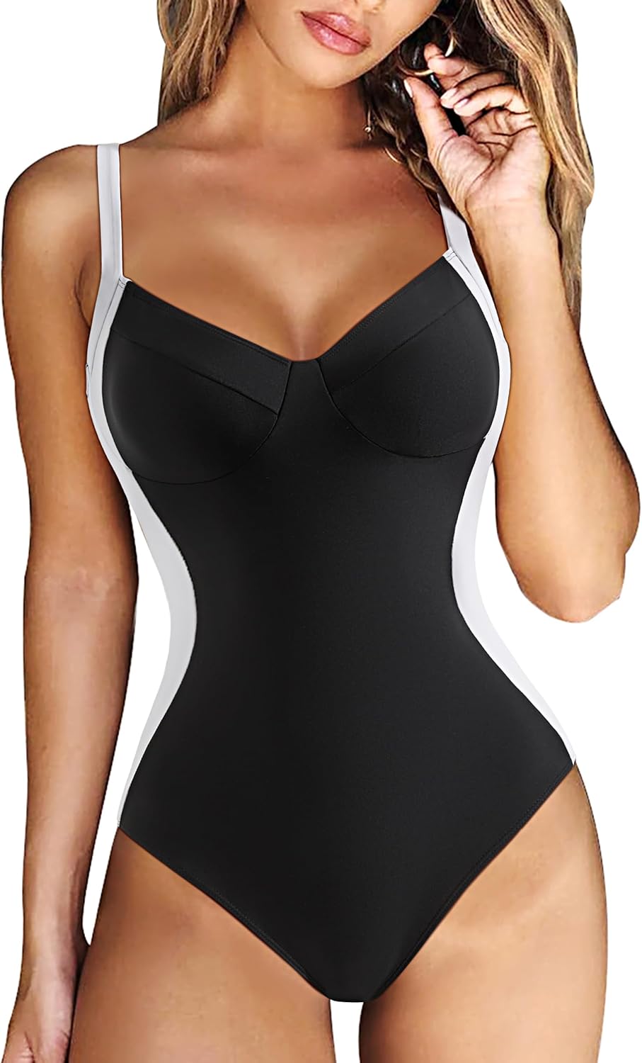 Women Slimming Tummy Control One Piece Swimsuits V Neck Crisscross Back Bathing Suit V Neck Large Black and White
