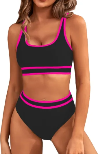 Women's High Waisted Bikini Sets Sporty Two Piece Swimsuits Color Block Cheeky High Cut Bathing Suits Black Pink011 Medium