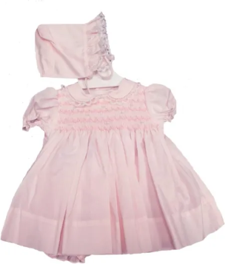 Petit Ami Girls Smocked Dress with Panty Preemie Pink