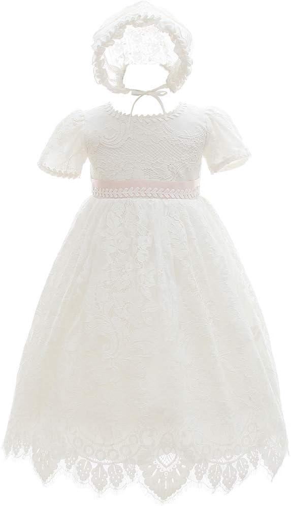 Baby Girls Baptism Christening Dress Lace Short Sleeve Wedding Dresses Gown & Bonnet 6 Months Ivory White