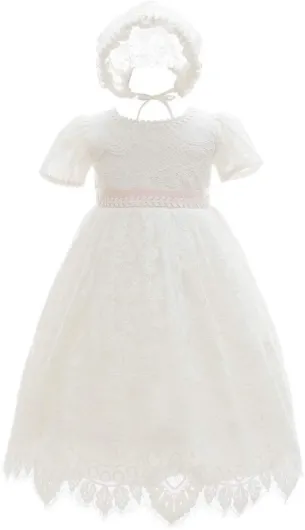 Baby Girls Baptism Christening Dress Lace Short Sleeve Wedding Dresses Gown & Bonnet 6 Months Ivory White
