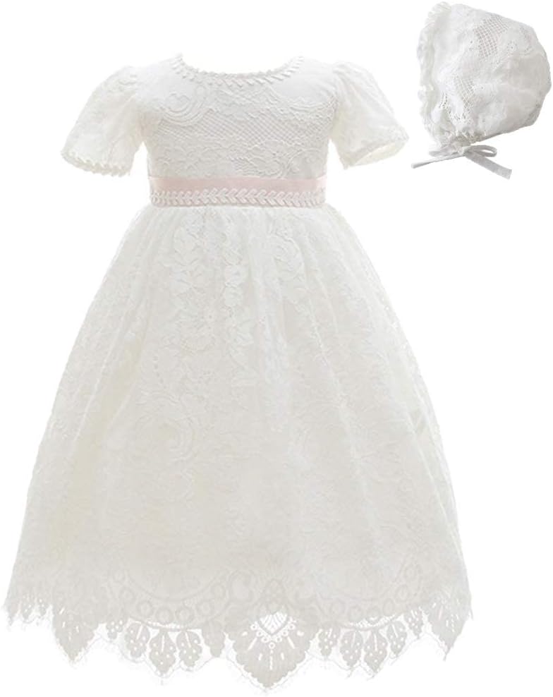 Baby Girls Lace Dress Christening Baptism Gowns Outfit with Bonnet 6 Months Ivory