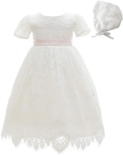 Baby Girls Lace Dress Christening Baptism Gowns Outfit with Bonnet 6 Months Ivory