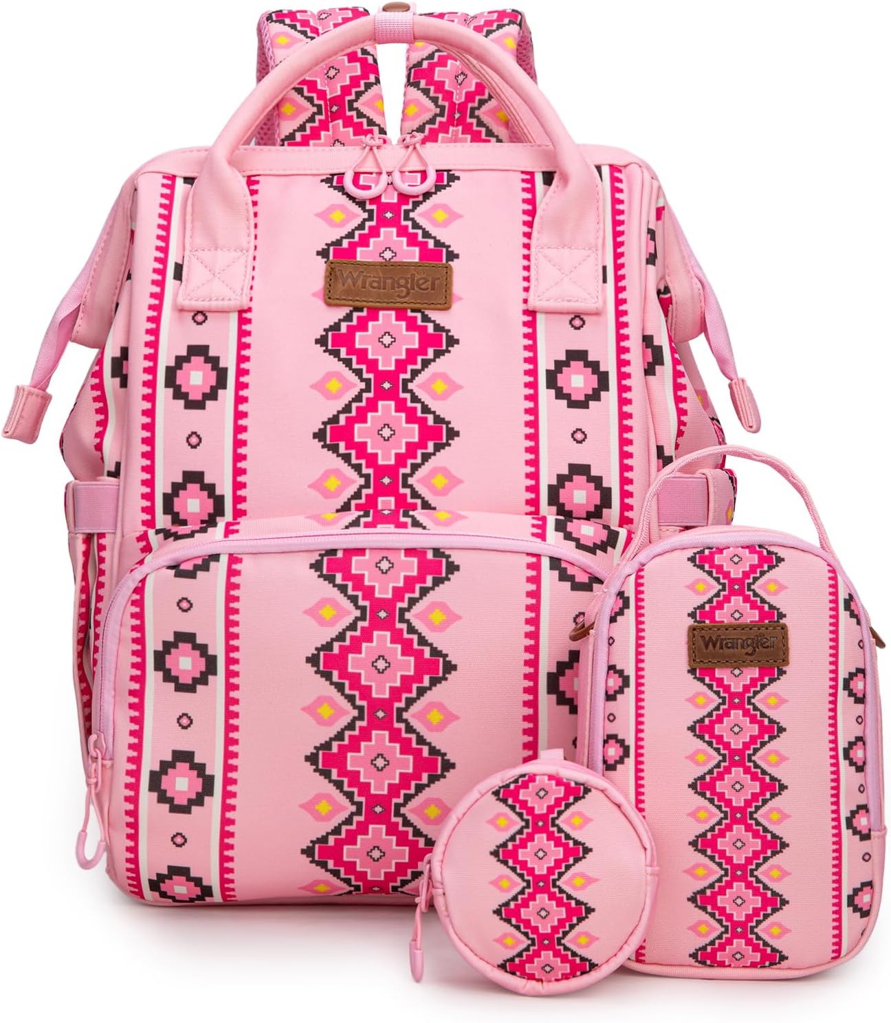 Wrangler Callie Diaper Bag Backpack with Pacifier Case, Crossbody Bottle Bag and Stroller Straps Western Pattern Multifunction Baby Travel Bag Set WG2215-9110PK 3pcs-pink Three-piece Set