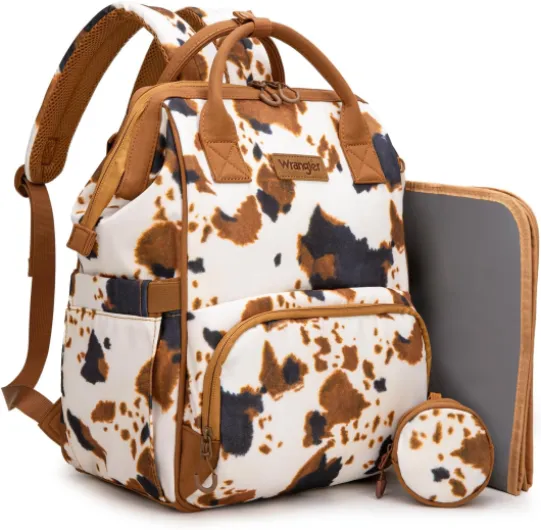 Wrangler Diaper Bag Backpacks Western Backpack Purses Multi-function Baby Bags for Mom with Waterproof Changing Pad & Pacifier Case 3pcs Cow Print Brown