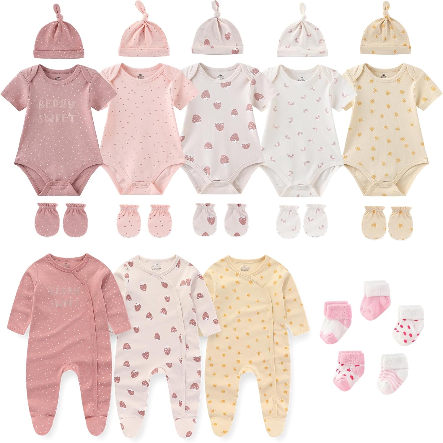 New Born Clothes Cotton Layette Gift Set Unisex Baby Outfit and Accessories Newborn Essentials Must Haves 0-3 Months Knotted Strawberry Pink 23 Piece Set
