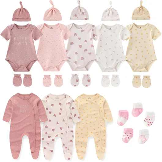 New Born Clothes Cotton Layette Gift Set Unisex Baby Outfit and Accessories Newborn Essentials Must Haves 0-3 Months Knotted Strawberry Pink 23 Piece Set