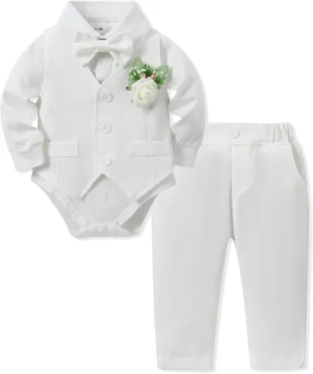 Baby Boy Clothes Suits Infant Gentleman Outfit Collared Dress Shirt+Vest+Tie+Corsage+Pants 5Pcs Baby Suit Sets Baptism Outfits 18-24 Months
