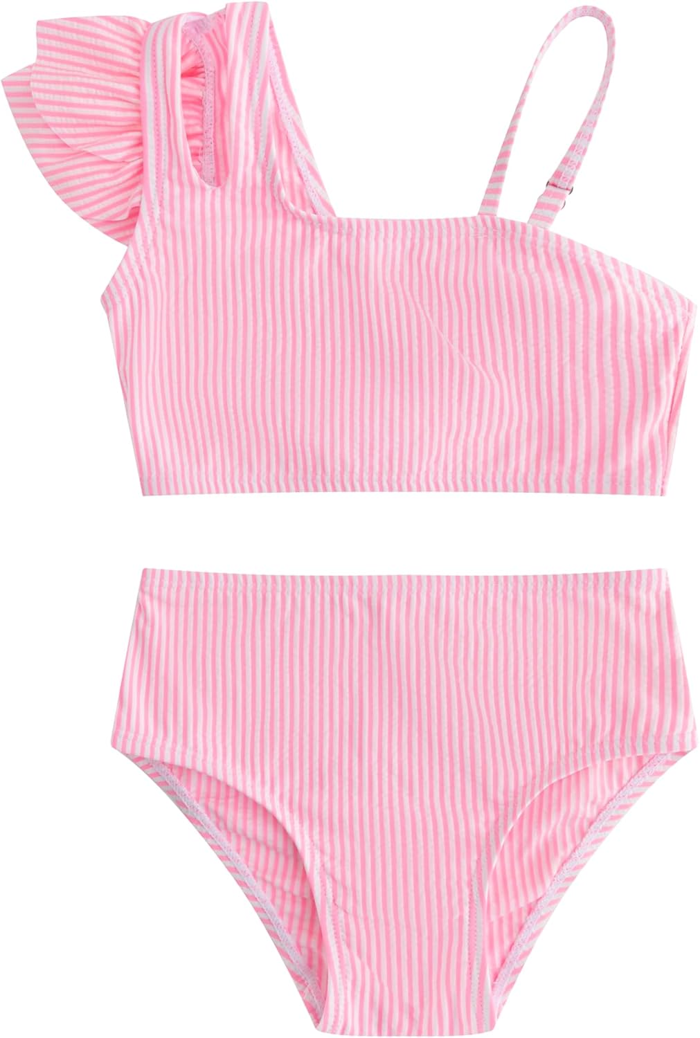 Two Piece Girls Swimsuit, One Shoulder Ruffled Bikini Set with Adjustable Strap, Girls Bathing Suit for 2-12 Years 9-10 Years Pink