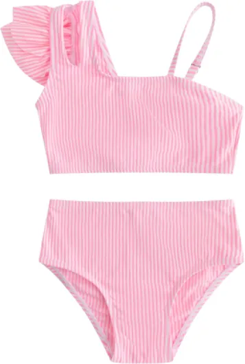 Two Piece Girls Swimsuit, One Shoulder Ruffled Bikini Set with Adjustable Strap, Girls Bathing Suit for 2-12 Years 9-10 Years Pink