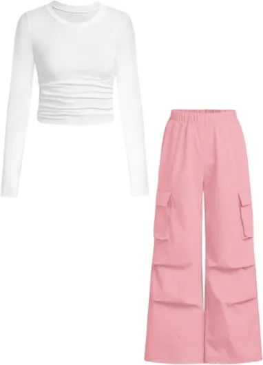 Girls Clothes 2 Piece Outfit Ribbed T-Shirt Top + Cargo Pants, Girls Fall Clothing Set, Sizes 5-16 Years Pink 7-8 Years