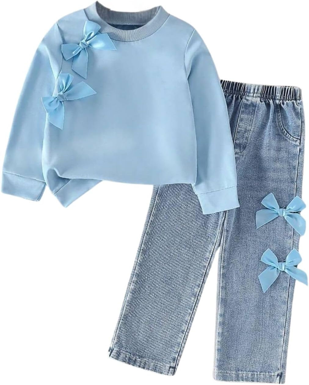Kids Toddler Girl Long Sleeve Bow Sweatshirt & Denim Straight Leg Jeans Pants Fall Winter Outfits Set Blue 6-7 Years