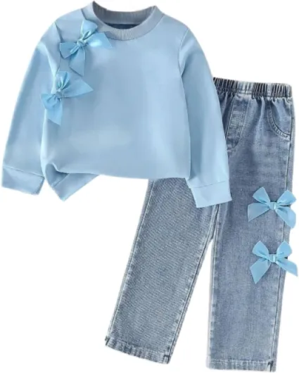 Kids Toddler Girl Long Sleeve Bow Sweatshirt & Denim Straight Leg Jeans Pants Fall Winter Outfits Set Blue 6-7 Years