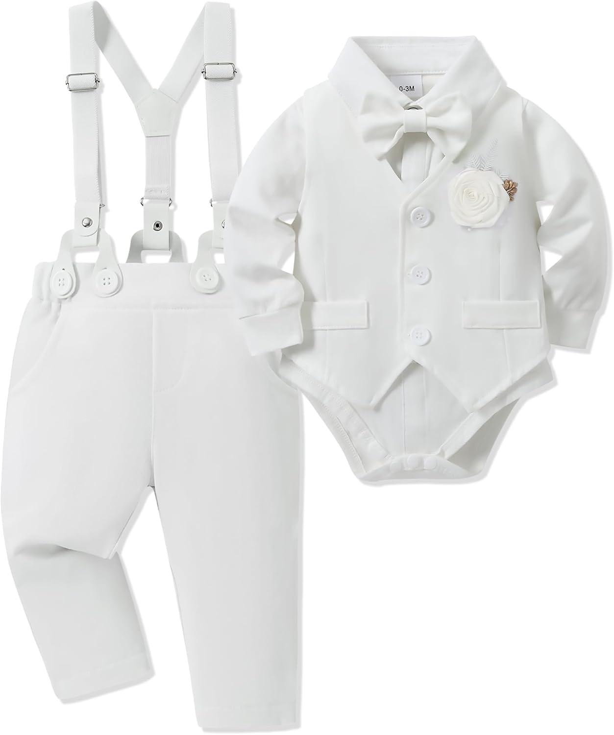 Baby Boy Clothes Suit Infant Gentleman Wedding Outfit Dress Shirt+Bowtie+Vest+Corsage+Suspender+Pants 6Pcs Set 0-24M A White 3-6 Months