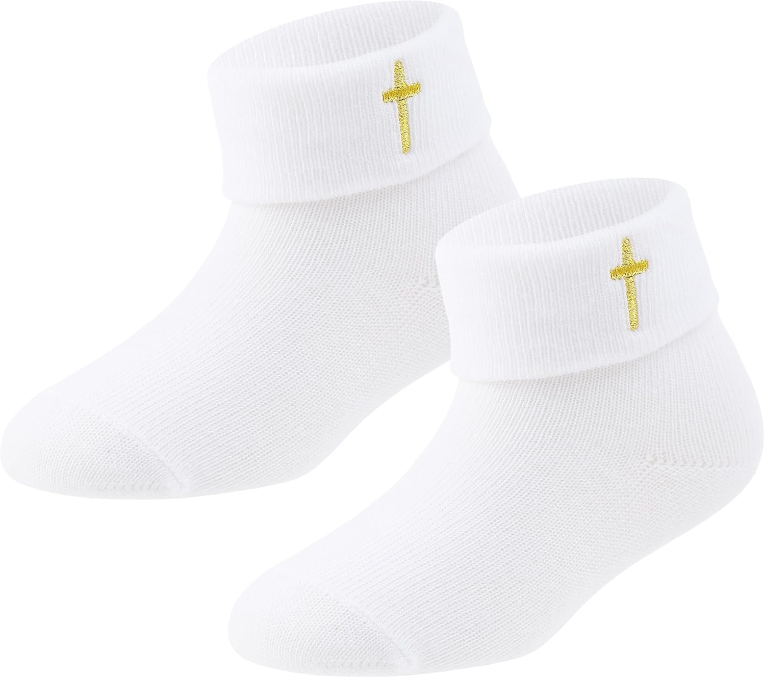 Newborn Baptism Socks Infant Ankle Crew Socks White Turn cuff Christening Cotton Socks for Baby Boys Girls 0-12 Months Gold