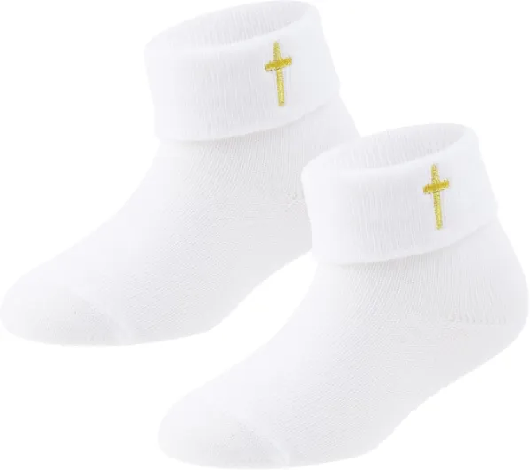 Newborn Baptism Socks Infant Ankle Crew Socks White Turn cuff Christening Cotton Socks for Baby Boys Girls 0-12 Months Gold