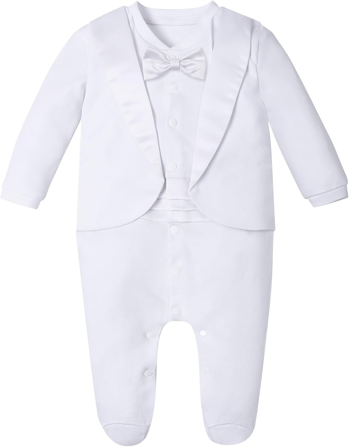 A&J DESIGN Baby Boy Tuxedo Gentleman Footie One-piece Romper with Bow Tie Newborn-9 Months Newborn White