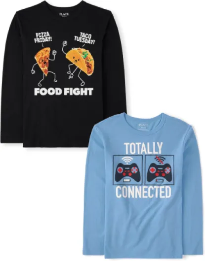 The Children's Place Boys' Gamer,Cars,Sports Long Sleeve Graphic T-Shirts,2 Pack Medium Food Fight/Totally Connected