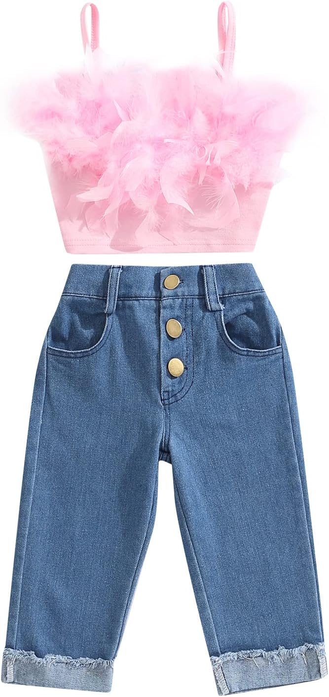 LXXIASHI 2PCS Baby Girl Jeans Outfits Sets Sleeveless Feather Halter Tank Top + Side Pockets Burrs Fringe Denim Pants 3-4T Pink Blue