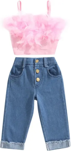 LXXIASHI 2PCS Baby Girl Jeans Outfits Sets Sleeveless Feather Halter Tank Top + Side Pockets Burrs Fringe Denim Pants 3-4T Pink Blue