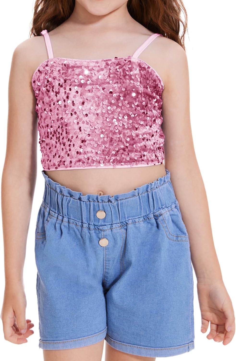 Girls Sleeveless Tank Top Sequin Spaghetti Strap Crop Cami Camisole Sparkly Dance Blouse Pink 9-10 Years