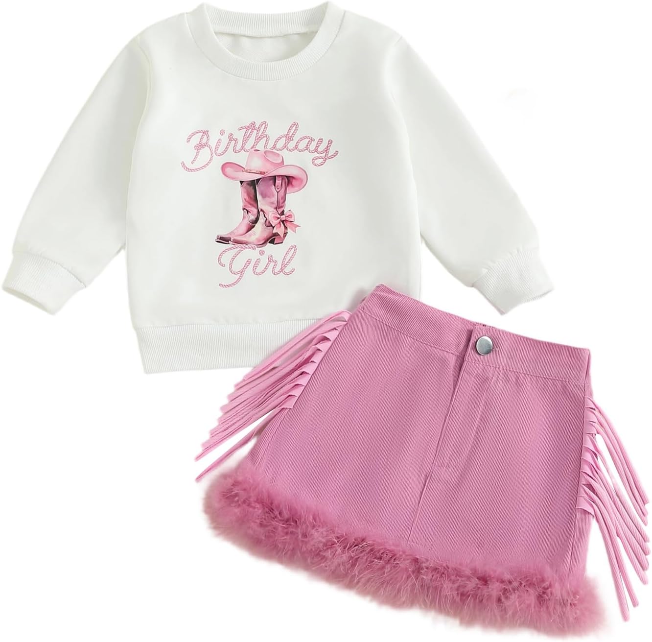 Western Toddler Girl Clothes Birthday Girl Outfit Cowgirl Boots Sweatshirt Tops Tassel Feather Trim Mini Skirt Set 5-6 Years White