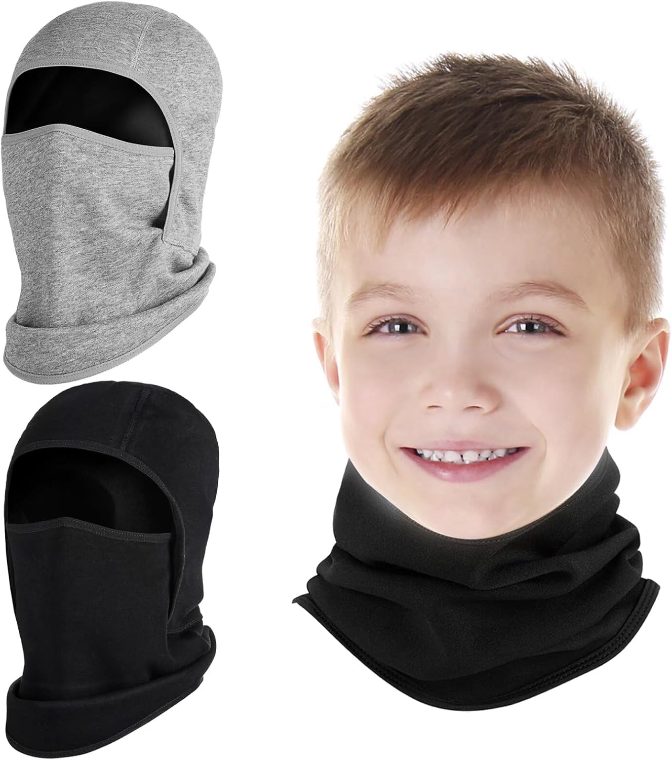 2 Pack Kids Balaclava Face Mask for Boy Girl, Winter Hat Ski Mask for Cold Weather, Windproof Face Warmer for Skiing Cycling Black Gray 8-15 Years