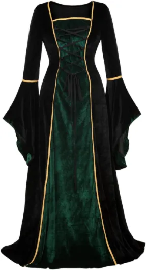 Renaissance Costume Women Medieval Dress Velvet Queen Dresses XX-Large Black and Green