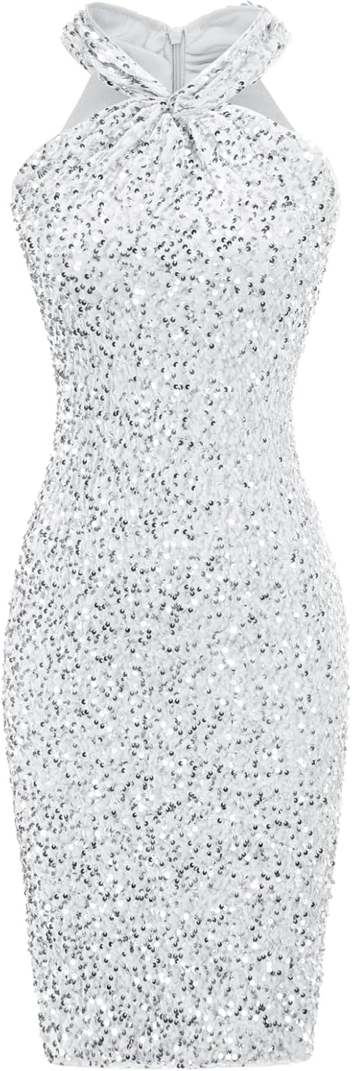 Sequin Dress for Women Sleeveless Sparkly Glitter Halter Dress Bodycon Mini Club Dresses 2025 Silver Medium