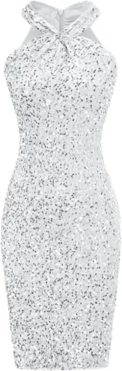 Sequin Dress for Women Sleeveless Sparkly Glitter Halter Dress Bodycon Mini Club Dresses 2025 Silver Medium