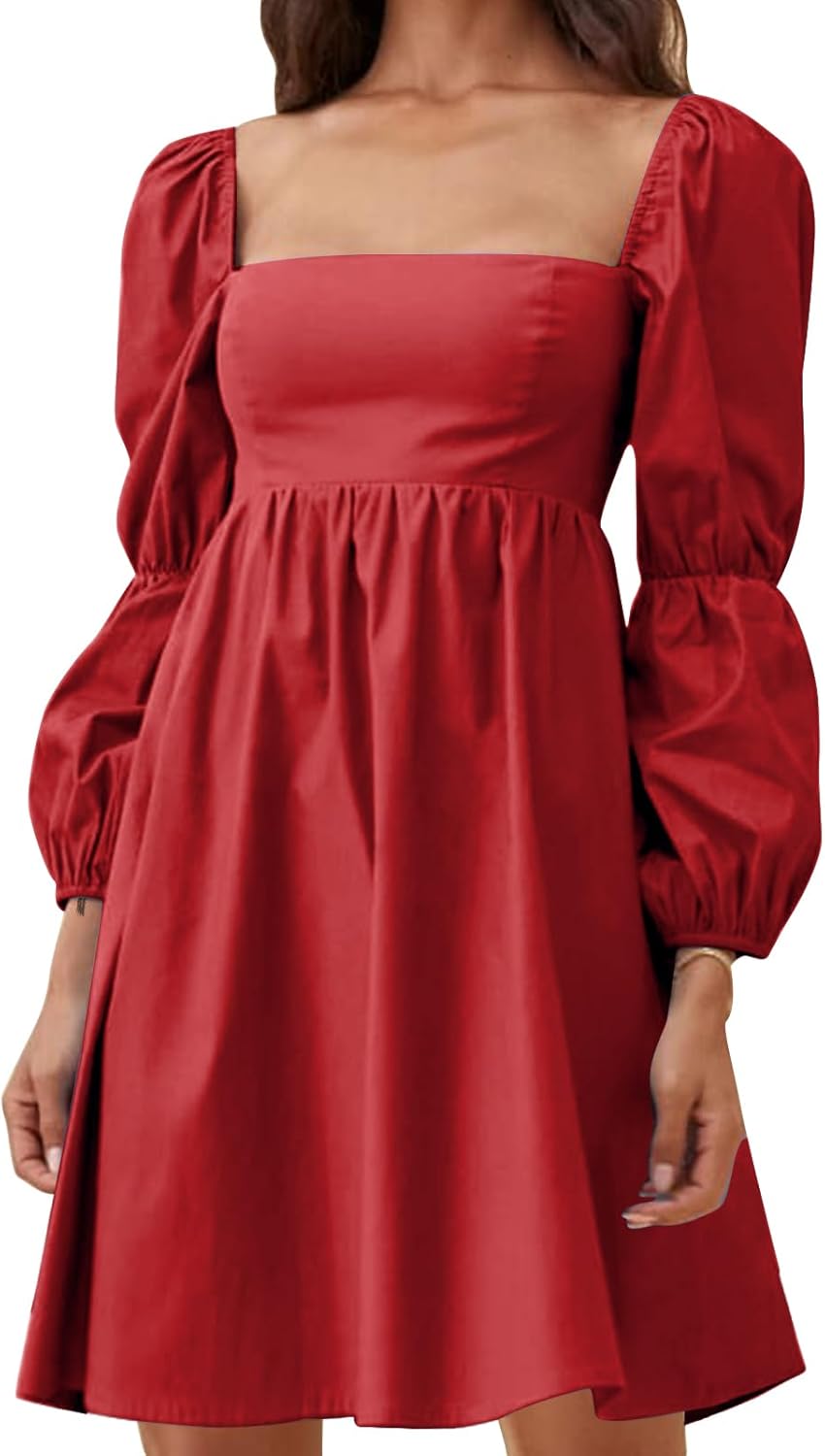 Womens 2025 Square Neck Dress Long Puff Sleeve A-Line Casual Short Mini Dresses Red Small